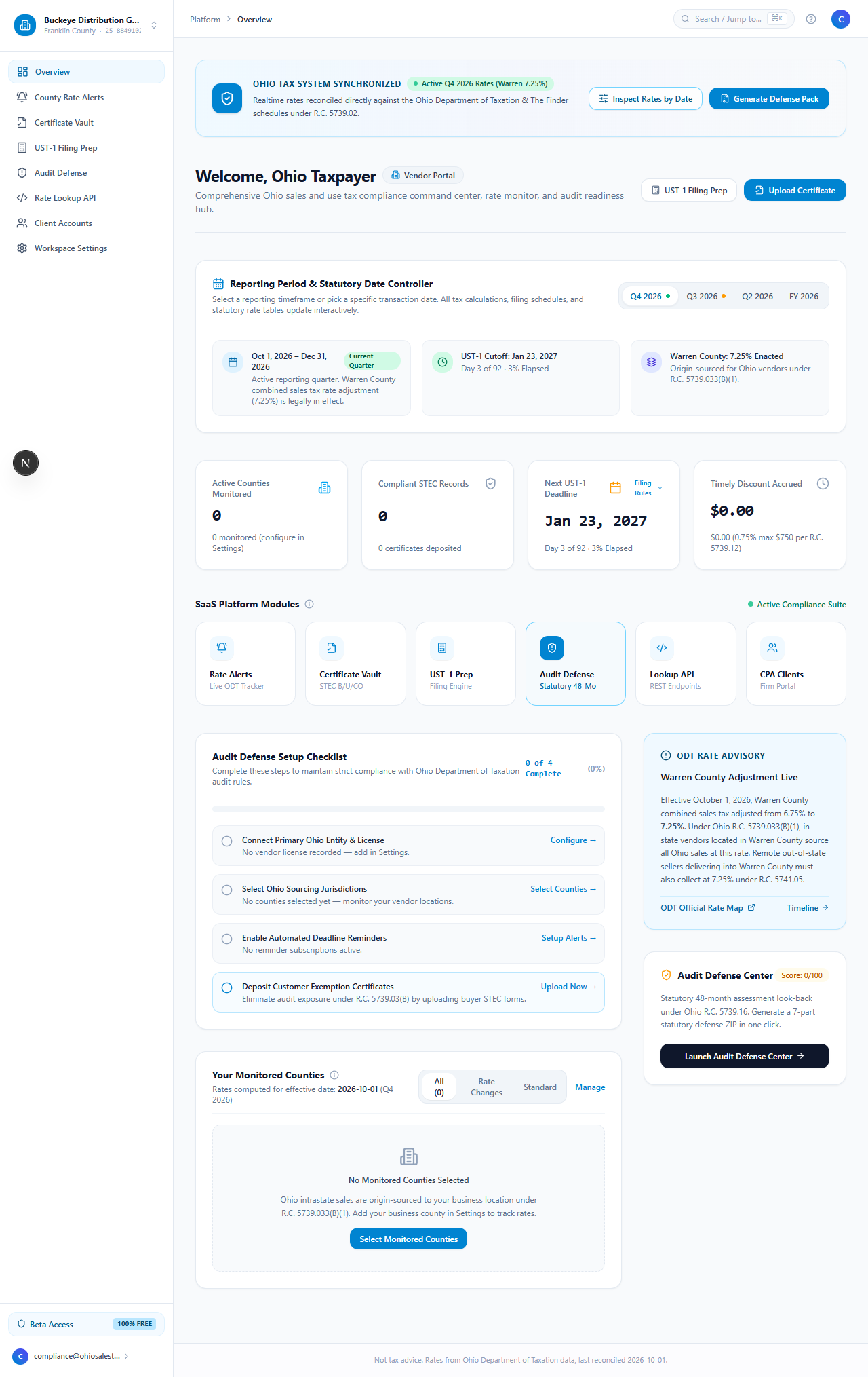 Dashboard Overview — Ohio Sales Tax Rate API