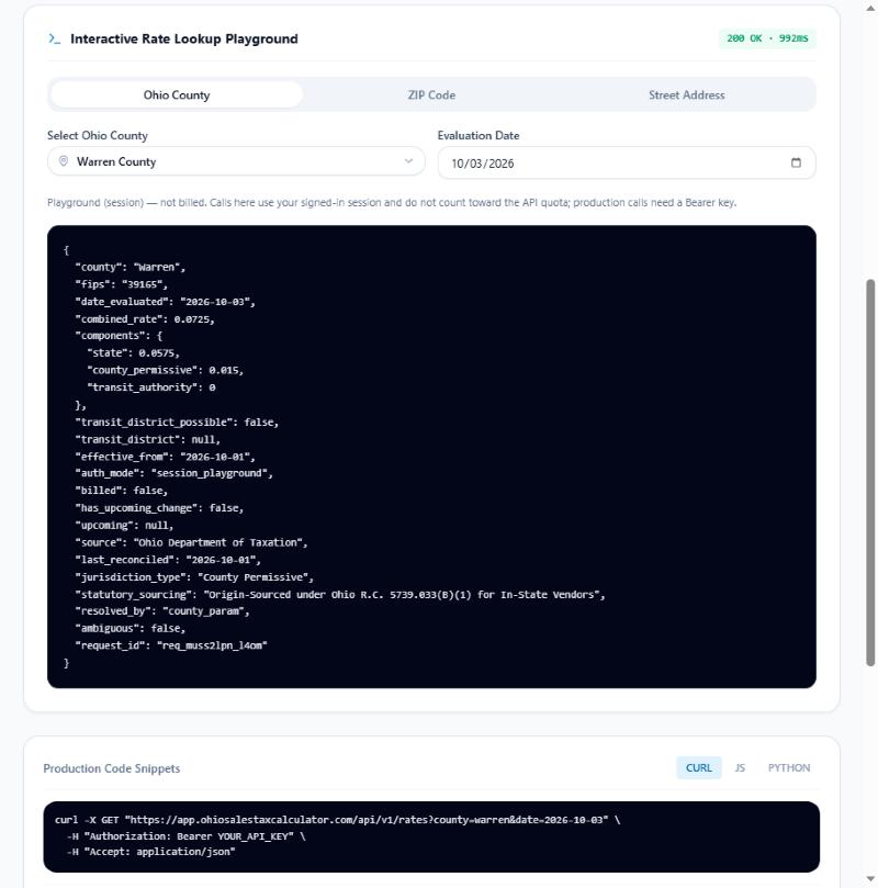 Ohio sales tax rate API playground in the Ohio Sales Tax Pro dashboard with a live JSON response