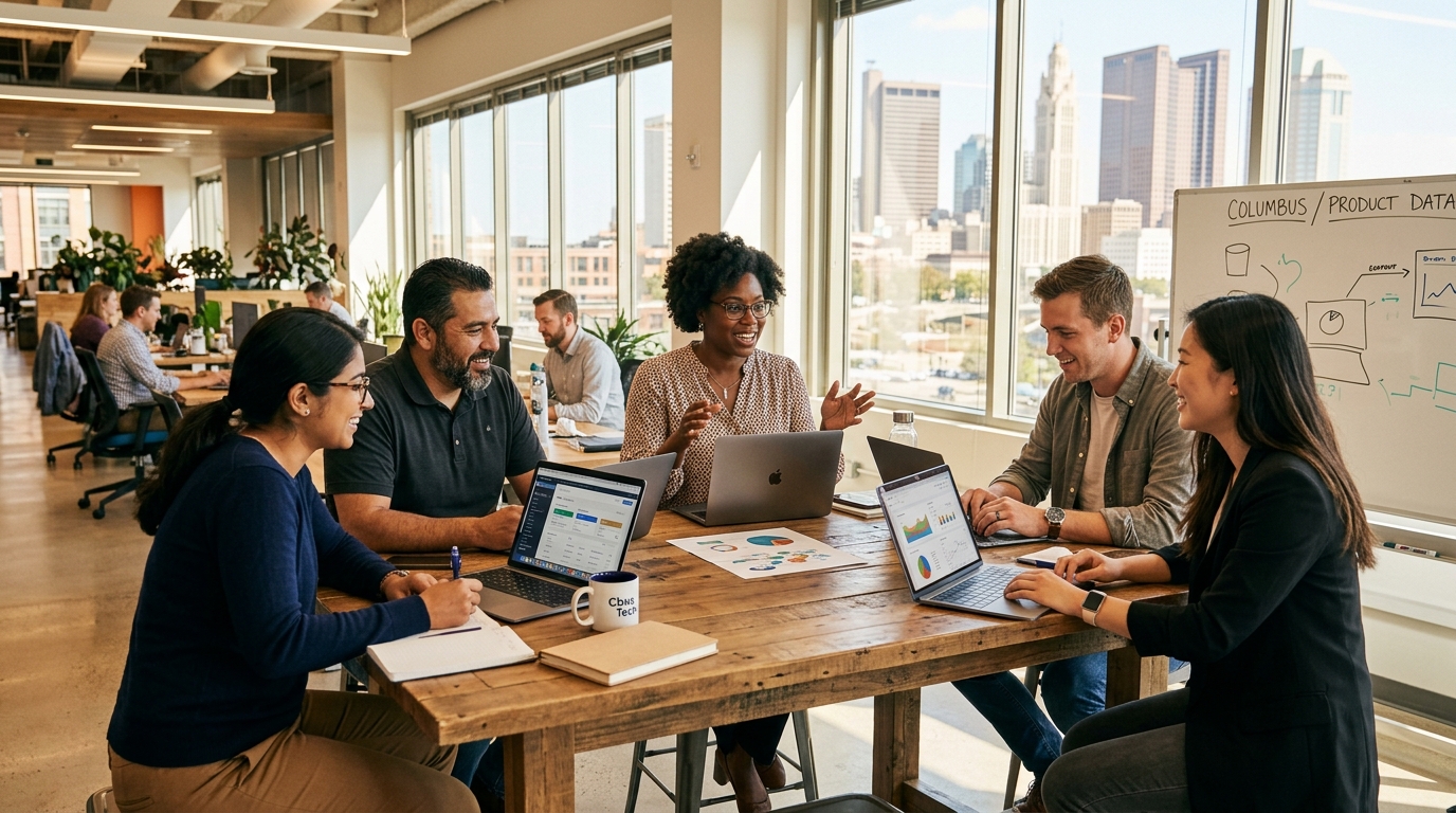 Team members collaborating at work desk in office workspace